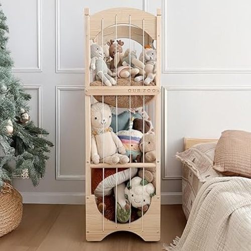 Fodoss Stuffed Animal Storage Organizer - Wooden Plushies Storage Holder with 360° Wheels, Large Teddy Bear Zoo Cage for Kids Toddler Room