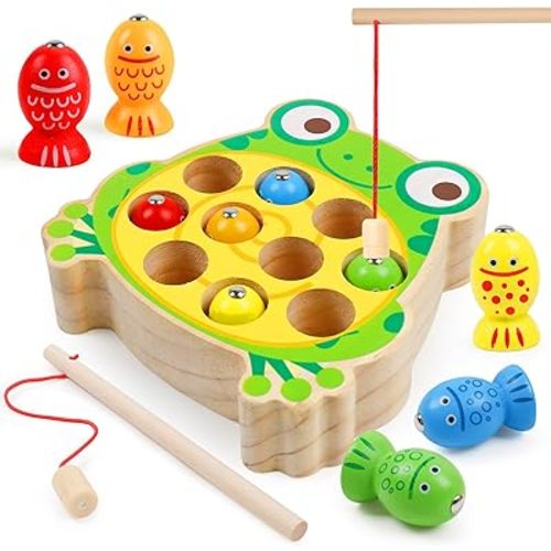 Magnetic Wooden Fishing Game Toys for Toddlers,Wooden Frog Magnets Fishing Toys Color Sorting Puzzle Montessori Preschool Educational Learning Fine Motor Skills Toys for 3 4 5 Years Old Boys Girls