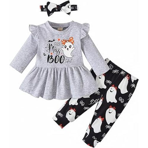 Noubeau My 1st Halloween Baby Girl Outfits Ruffle Pumpkin Print Tunic Drees Shirt Stripe Pants Legging Fall Winter Clothes