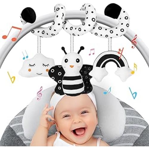 FATI Baby Spiral Car Seat Toys Hanging Toys, Black and White High Contrast Newborn Sensory Toys for 0 3 6 9 12 Months Girls Boys Gift, Carseat Toys Stroller Toys for Bed Bassinet Crib Baby Carrier
