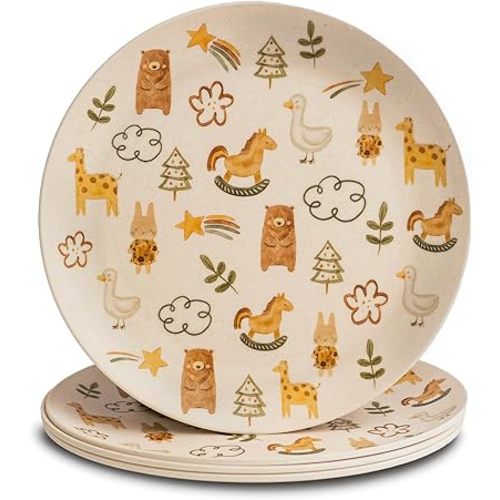Nook Theory 4 Pack Reusable Bamboo Plates - Non-Toxic Toddler and Kids Plate, Dishwasher Safe, Not Microwavable Dinnerware (Wonderland 8")