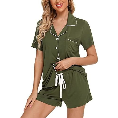 Anjue Womens Pajamas Set Short Sleeve Sleepwear Button Down Nightwear Shorts Soft Pj Sets S-XXL