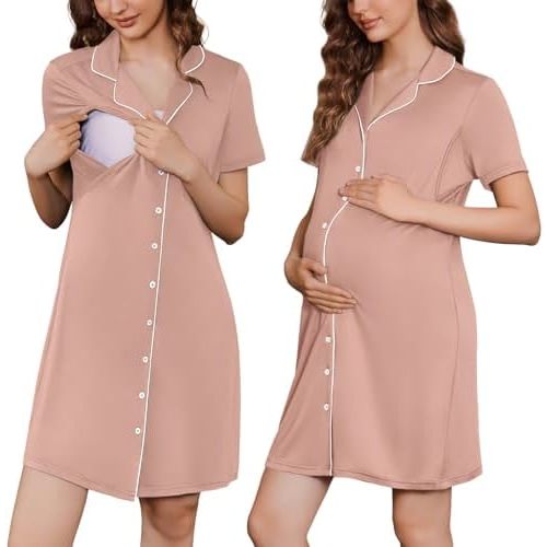 Ekouaer Button Down Nursing Nightgown V Neck Breastfeeding Dress Short Sleeve Classic Maternity Pajamas