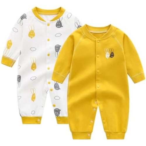 Newborn Baby Boys 2 Pack Cotton Romper Outfits Infant Long Sleeve One-Piece Toddler Button Jumpsuits