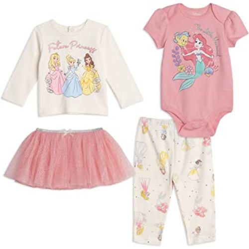 Disney Minnie Mouse Princess Ariel Baby Girls Bodysuit Graphic T-Shirt Mesh Skirt and Leggings 4 Piece Set Newborn to Infant