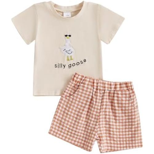 Toddler Baby Boy Girl Summer Clothes Silly Goose Short Sleeve T-Shirt Tops Plaid Shorts Set 2Pcs Farm Goose Outfit