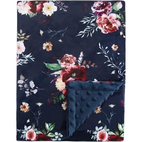 BORITAR Baby Blanket for Girls Super Soft Double Layer Minky with Dotted Backing Dark Blue Blanket with Beauty Floral Printed 30 x 40 Inch(75x100cm)