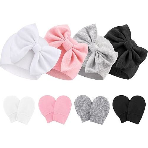 Newborn Baby Hats and Mittens Set Infant Bow Beanie Cap Toddler Gloves Newborn Hospital Hats for Baby Boy Girl 0-6 Months