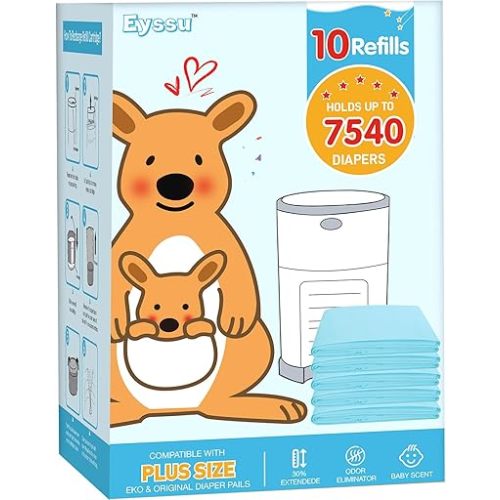 10 Pack Diaper Pail Refill Bags Compatible with Dekor Plus Diaper Pail, 40% Extra Length Refills Holds up to 7540 Diapers, Thickened Multi-layer Odor Control (Baby Scent)