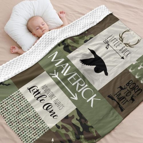 Personalized Baby Blankets for Boys, Baby Blanket for Boys with Name, Soft Plush Receiving for Newborns - Essential Baby Items, Camo Woodland Bear 35x45 Inches