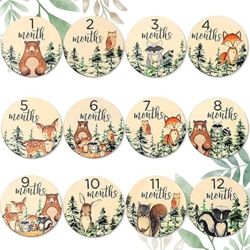 Whaline 12Pcs Woodland Baby Monthly Milestone Cards Milestone Wooden Discs Double-Sided Cute Animal Baby's First Year Age Announcement Sign for Newborn Baby Photo Props Gift