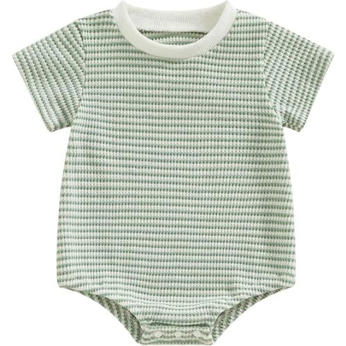VISGOGO Unisex Baby Boy Girl Striped Romper Waffle Short Sleeve Bubble Oversized Romper Bodysuit Summer Onesie Clothes