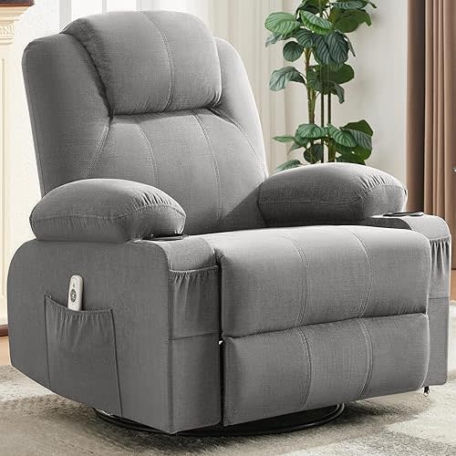 Swivel Rocker Recliner Chair with Heat and Massage, 360 Degree Swivel Rocking Single Sofa with Cup Holders and USB Port, Big Oversized Recliner Chair for Living Room (Fabric, Grey)