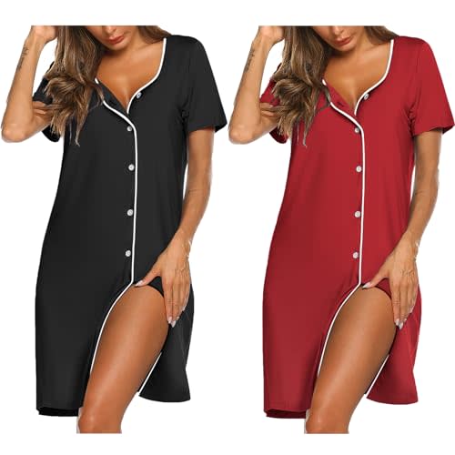 Ekouaer Nightgowns for Women 2 Pack Button Down Sleepshirt Short Sleeve Nightshirt Soft Sleepwear V Neck Pajama Dress