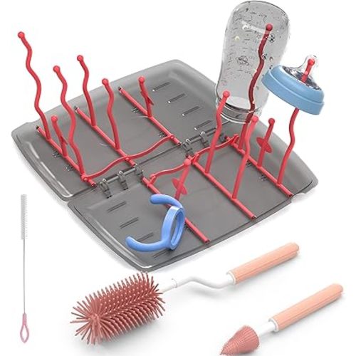 Travel Baby Bottle Drying Rack with Bottle Brush,Nipple Brush,Straw Cleaner Brush,Organizer Case, Compact Size with Large Capacity for Working Mom, Visit Families, Friends or Camping with Baby