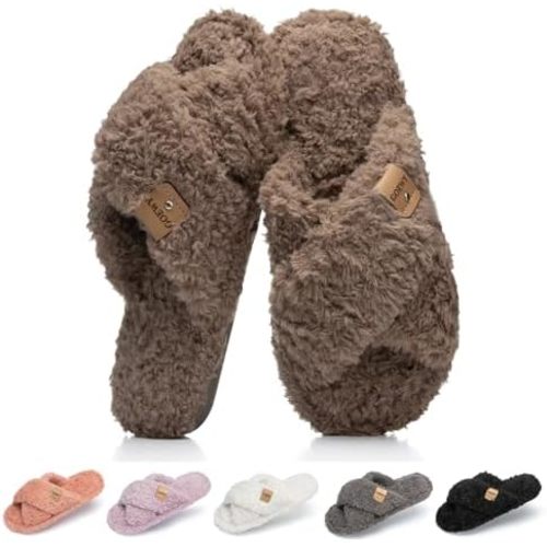 Fuzzy Open Toe Slippers for Women Indoor and Outdoor with Memory Foam Cozy Cross Band Women's Slipper Cute Soft House Shoes Slip On Gifts for Womens Mom Her Ladies Bridesmaid