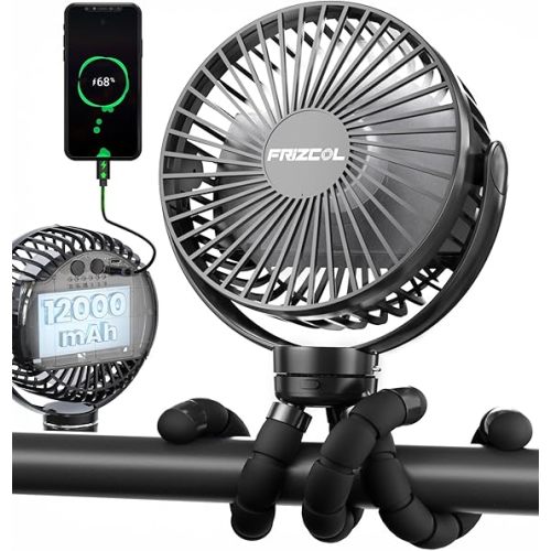 FRIZCOL Portable Stroller Fan, Use As Power Bank, 65H 12000mAh Battery Operated Fan Flexible Tripod Baby Car Seat Fans with Timming, Personal Mini Handheld/Desk/Small Clip On Fans For Stroller