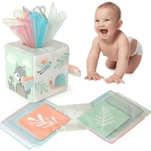Fun Baby Tissue Box with Stimulating Mirror For Endless Entertainment - Soft Montessori Toy w/ Crinkle Paper & Fabric Tissues - The Perfect Sensory Toy For Newborn/Infant Development From 6-12+ Months