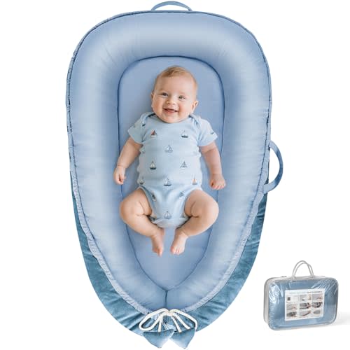 BBWOO Baby Lounger - Baby Lounger for Newborn 0-24 Months, Breathable & Soft Cotton and Velvet Cover Baby Nest, Portable Cozy Infant Lounger for Home and Travel, Ideal Baby Essentials & Shower Gifts