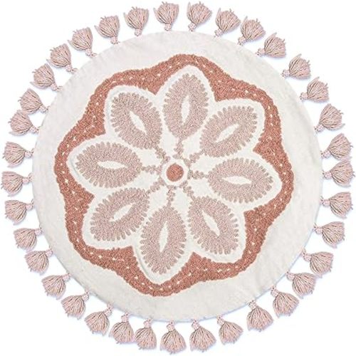 Crane Baby Pillow, Decorative Round Mandala Pillow for Nursery and Toddler Rooms, Pink and White, 12" x 12"