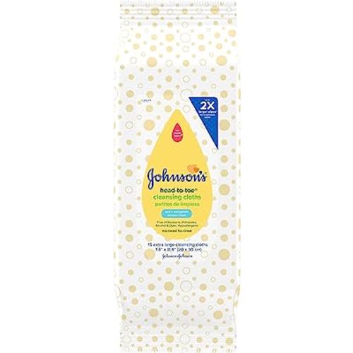 Johnson's Head-to-Toe Gentle Baby Cleansing Cloths, Hypoallergenic and Pre-Moistened Baby Bath Wipes, Free of Parabens, Phthalates, Alcohol, Dyes and Soap, 15 ct