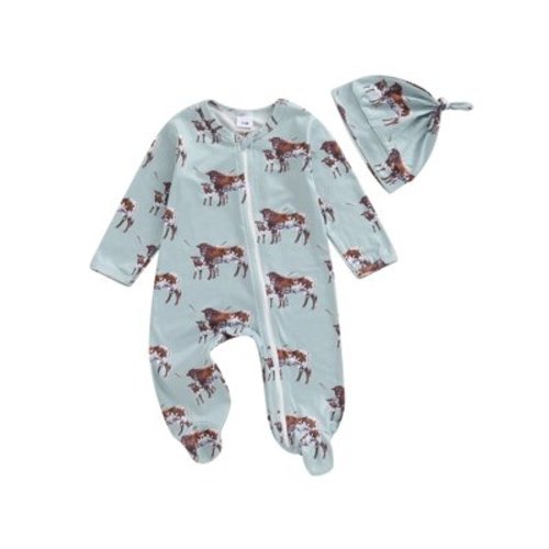 Qtinghua Western Baby Boy Girl Clothes Infant Footies Romper Cow/Horse Long Sleeve Zipper Jumpsuit with Hat Cowboy Outfit