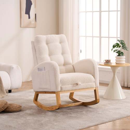 Ly-5104 Plush High-Back Rocking Chair With Footrest & Storage Pocket, Ergonomic Foam Cushion For Nursery