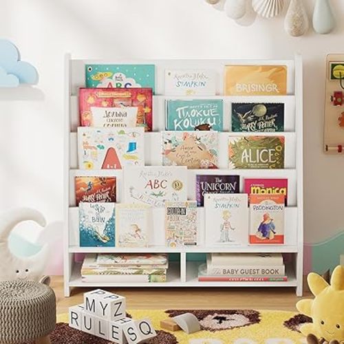 oneinmil Wooden 6-Tier Kids Bookshelf with Storage Cabinets Book Shelf for Kids Rooms Toddler Toy Book Display CD Bookcase for Nursery Classrooms Playrooms Kid Children Book Shelves Rack White