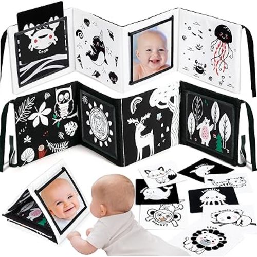 URMYWO Black and White Baby Toys, Tummy Time High Contrast Newborn Toys 0-3 Months, Baby Boy Girl Gifts, Visual Stimulation Learning Activity Cards, Soft Baby Book, Montessori Infant Toys 0-12 Months