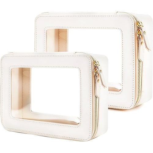 Aveniee Clear Makeup Bag Organizer Set,Portable Travel Toiletry Case for Women, Vegan Leather Cosmetic Pouch Car Bag for Essentials 2pcs,Middle & Large,Beige