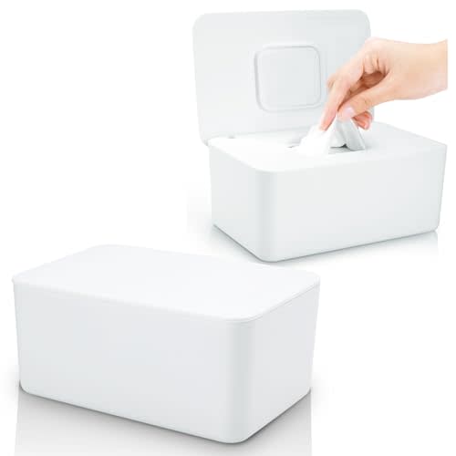2 Pack Lijroavy Baby Wipes Dispenser, Baby Wipe Holder for Fresh Wipes, Non-Slip Baby Wipes Container, Refillable Wipes Box, Baby Wipes Case with Sealing Design Lid (White and White)