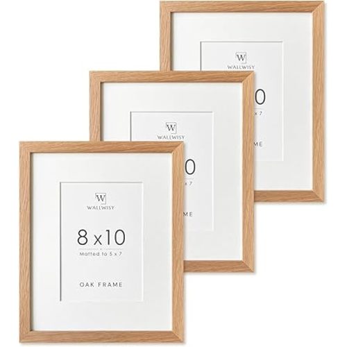 8x10 Picture Frame, Solid Oak Wood 8 x 10 Photo Frame with Mat to 5x7, 10x8 Picture Frames for Wall and Tabletop Display, Natural Oak 8x10 Frame, Set of 3