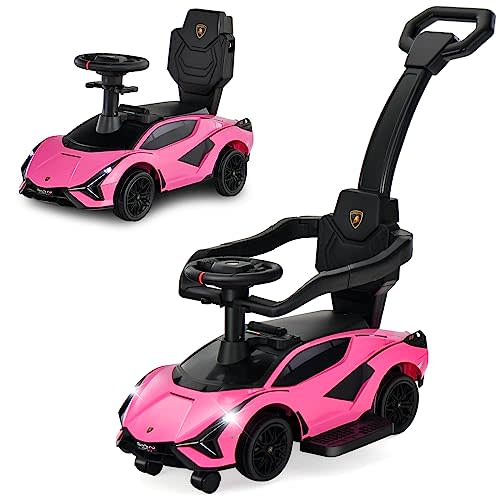OLAKIDS 3 in 1 Ride on Push Car, Licensed Lamborghini SIAN Baby Sliding with Parent Control Handle Universal Wheels Guardrails, Toddlers Walking Toy with Music, Under Seat Storage (Roseate)