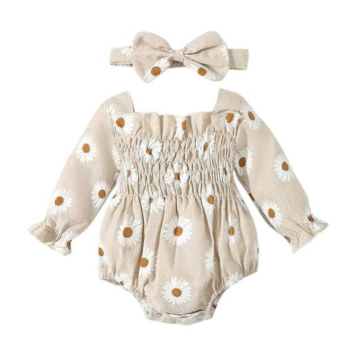 GPAECEAD 2pcs Infant Baby Girls Romper Dress Headband Long Sleeve Clothing Flowers Newborn Boho Girl Outfit Jumpsuit Clothes Beige