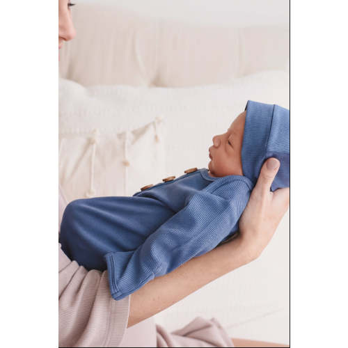 Steel Blue Ribbed Bamboo Baby Knot Gown & Hat