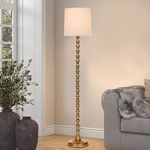 64.5" Gold Floor Lamp for Living Room, Gold Bamboo Floor Lamps for Bedroom, Tall Skinny Lamp for Home Decor, Mid Century Antique Floor Lamps with White Lampshade, Gold Standing Lamp for Corner
