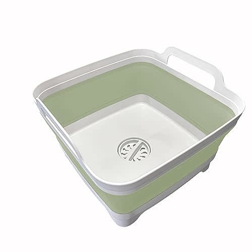 Leemeimei 9L (2.4Gal) Dish Basin Collapsible with Drain Plug, Space Saveing Kitchen Storage Tray Dish Wash Basin, Portable Dish Tub, Foldable Dishpan for Camping,RV,Green