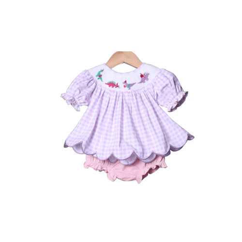 Smocked Dino Party Lavender Gingham Bloomer Set