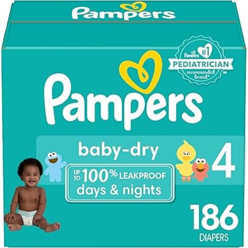Pampers Baby Dry Diapers - Size 4, One Month Supply (186 Count), Absorbent Disposable Diapers