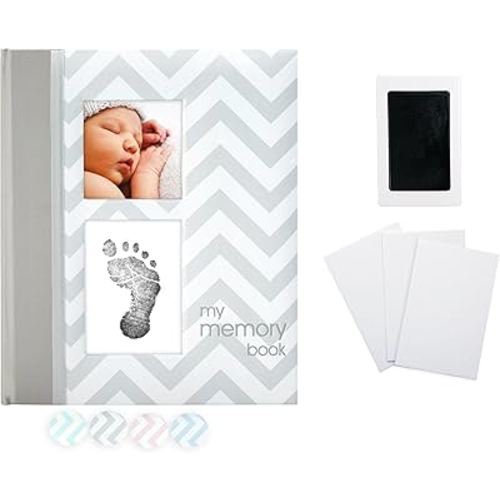 Pearhead First 5 Years Chevron Baby Memory Book, Clean-Touch Safe Ink Pad for Baby’s Handprint or Footprint, Gender Neutral Milestone And Pregnancy Gray