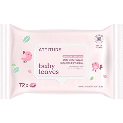 ATTITUDE Baby Water Wipes, EWG Verified, Safe for Newborns, Unscented & Fragrance-Free, 99% Water, Gentle & Hypoallergenic, Vegan & Dermatologically Tested, Travel Pack with Hard Lid, 72 Count