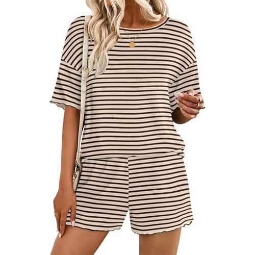 Ekouaer Lounge Sets for Women Waffle Knit Pajama Set Shorts 2 Piece Matching Loungewear Summer Outfits with Pockets