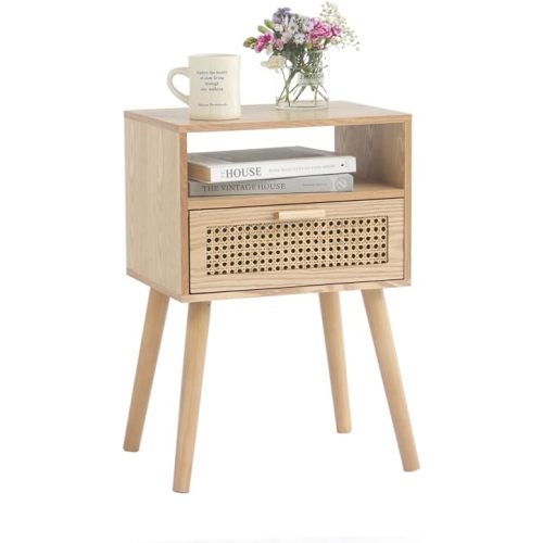 MaxSmeo Modern Nightstand Rattan Side End Table with Storage, for Living Room, Bedroom and Small Spaces, Accent Bedside Farmhouse Tables with Solid Wood Legs, Easy Assembly (Natural Walnut)
