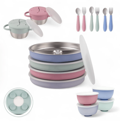 Elk & friends - Stainless Steel Mealtime Bundle | Sucton Sleeves | Plates, Bowls, Snack Cups + Toddler Utensils | 16 Pcs | Blush/Lilac/Sage/MistyBlue