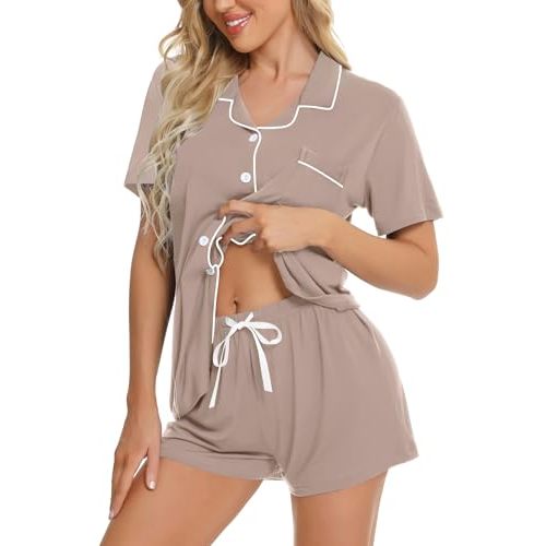 SWOMOG Womens Button Down Pajamas Set Short Sleeve Sleepwear Bride Soft Pj Lounge Sets XS-3XL