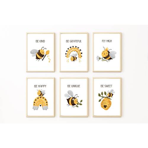 Bee Prints Nursery Wall Art Neutral Nursery Decor for Girl Nursery Set of 6 Prints for Boy Bee Nursery Decor Gender Neutral Nursery