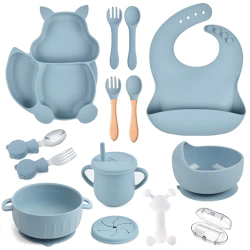 mraisebossup Silicone Baby Feeding Set 15 Pcs,Baby Spoons Suction Bowl Divided Plate Bib Cup Finger Brush Teething Teether Training cups,Baby Led Weaning Supplies(blue)