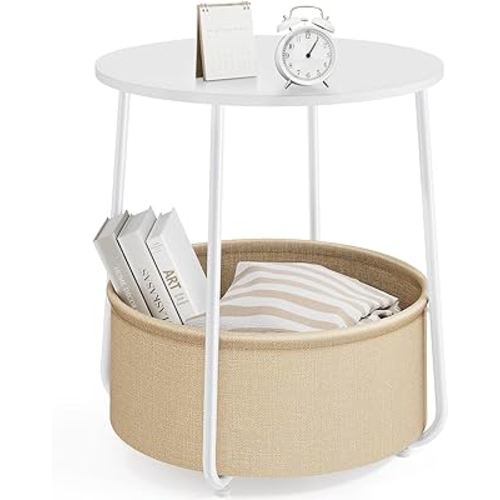 Sweetcrispy Small Round Side End Table for Living Room, Modern Nightstand Bedside Table with Fabric Basket for Bedroom Nursery, Side Table with Steel Frame - White & Beige