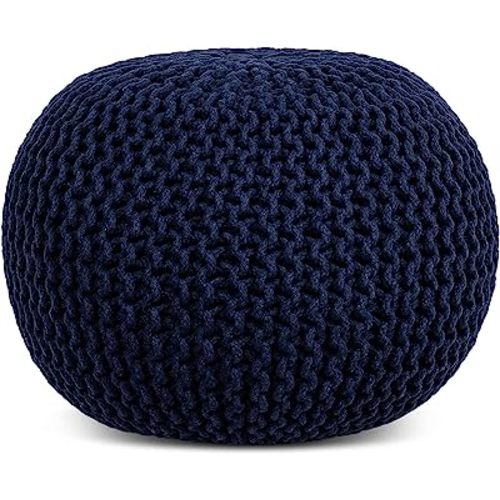 FRELISH DECOR Round Pouf Ottoman Hand Knitted 100% Cotton Pouf Foot Stool - Knitted Bean Bag - Floor Chair for Living Room Bedroom - Foot Rest for Couch (20 Diameter x 14 Height) - Navy