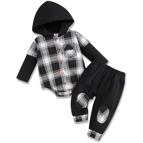 Fuermos Newborn Baby Boy Clothes Plaid Button Long Sleeve Hoodie Romper+ Mama's Boy Pants Fall Winter Outfits Set